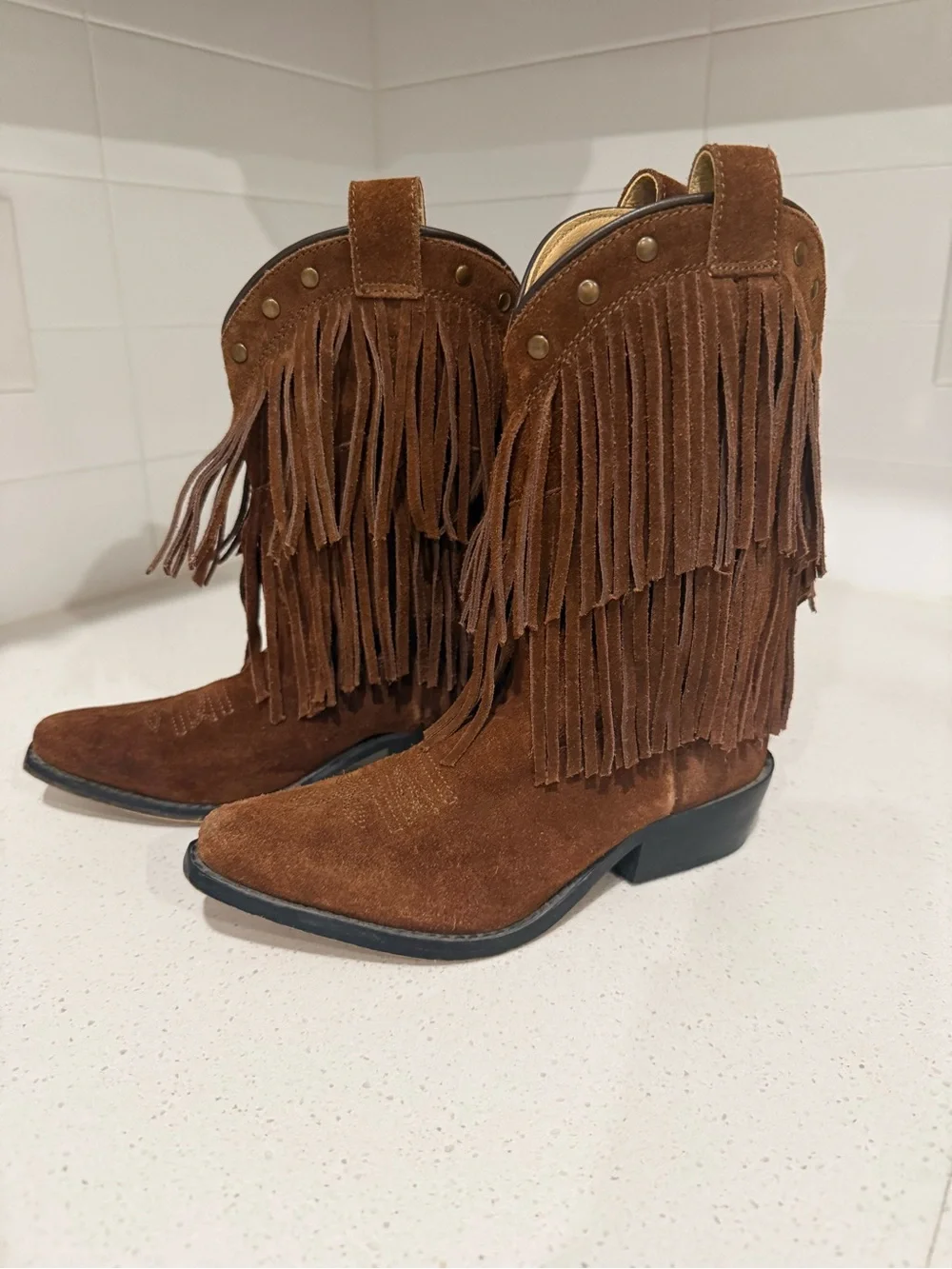 Girls Shyanne Fringed Boho Genuine Suede Western Ankle Boots in Chestnut Brown